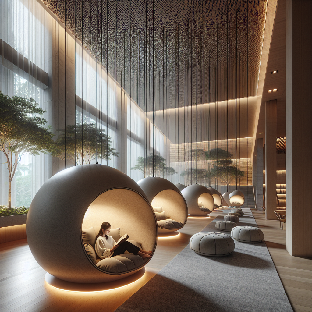 Hyperrealistic modern reading lounge with floating pods, warm lighting, greenery, and a person reading in a serene luxury interior.