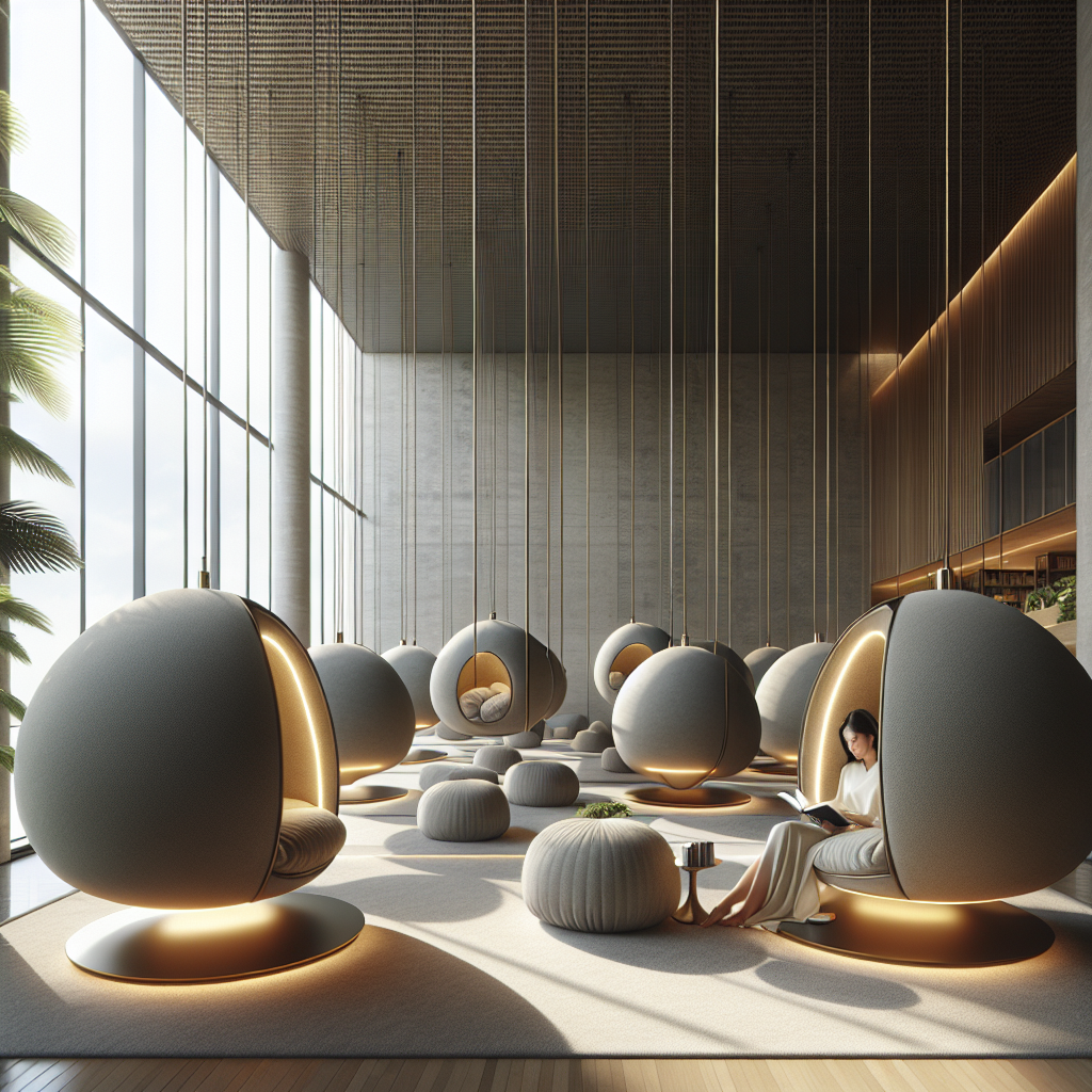 Hyperrealistic modern reading lounge with floating pods, warm lighting, greenery, and a person reading in a serene luxury interior.