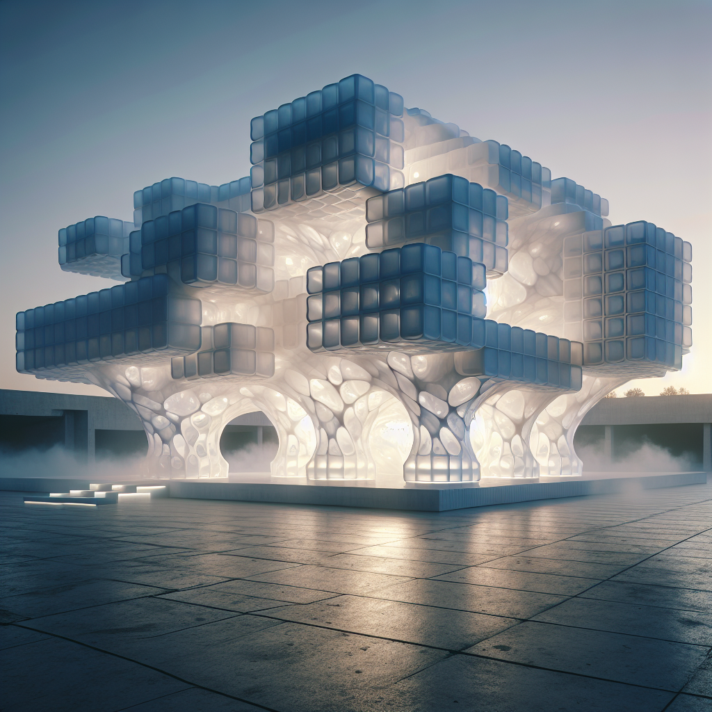 Hyperrealistic futuristic pavilion made of translucent foam blocks glowing with pearlescent light, symbolizing sustainable architectural innovation.