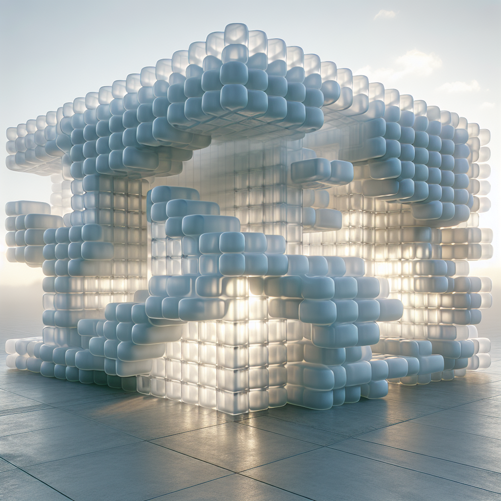 Hyperrealistic futuristic pavilion made of translucent foam blocks glowing with pearlescent light, symbolizing sustainable architectural innovation.