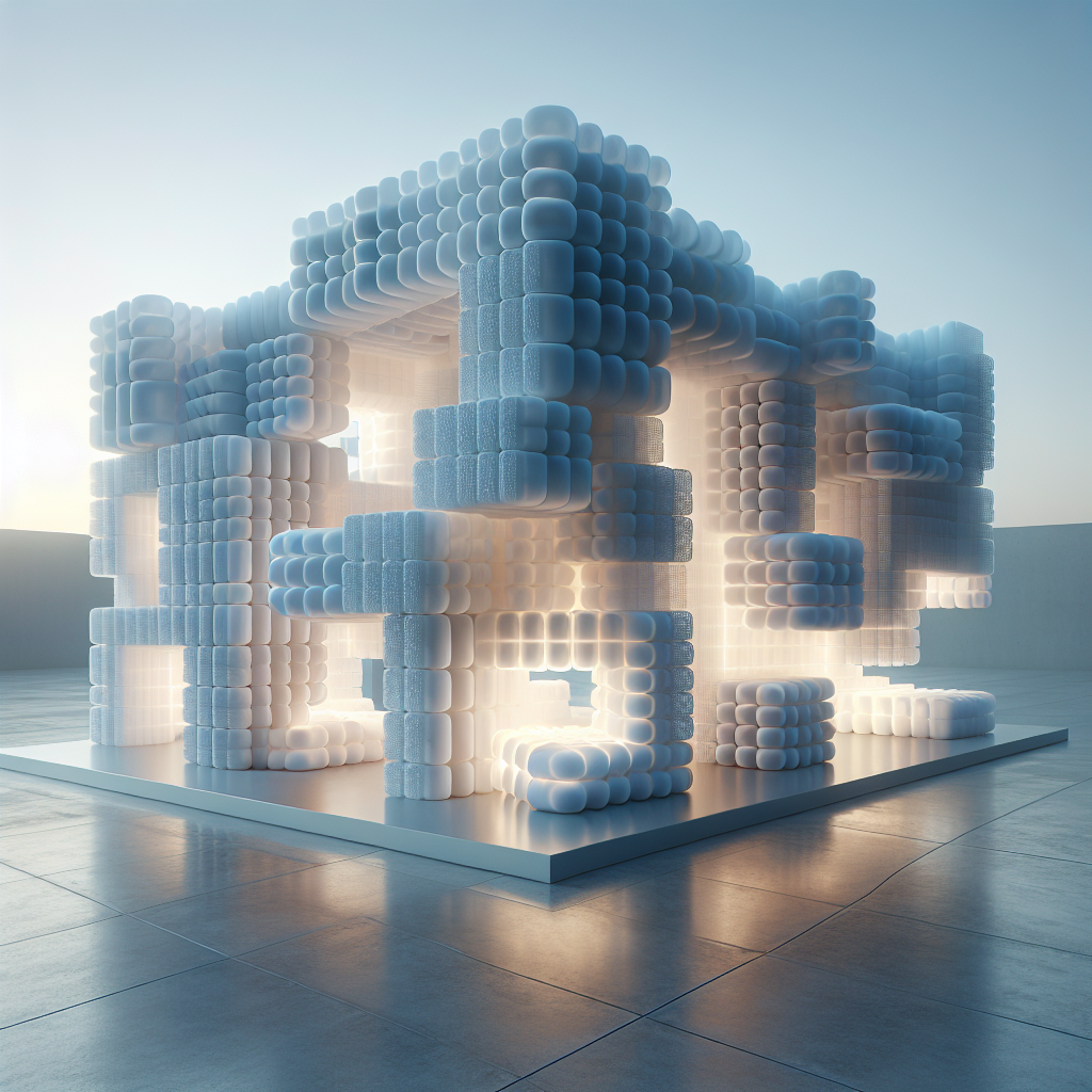 Hyperrealistic futuristic pavilion made of translucent foam blocks glowing with pearlescent light, symbolizing sustainable architectural innovation.