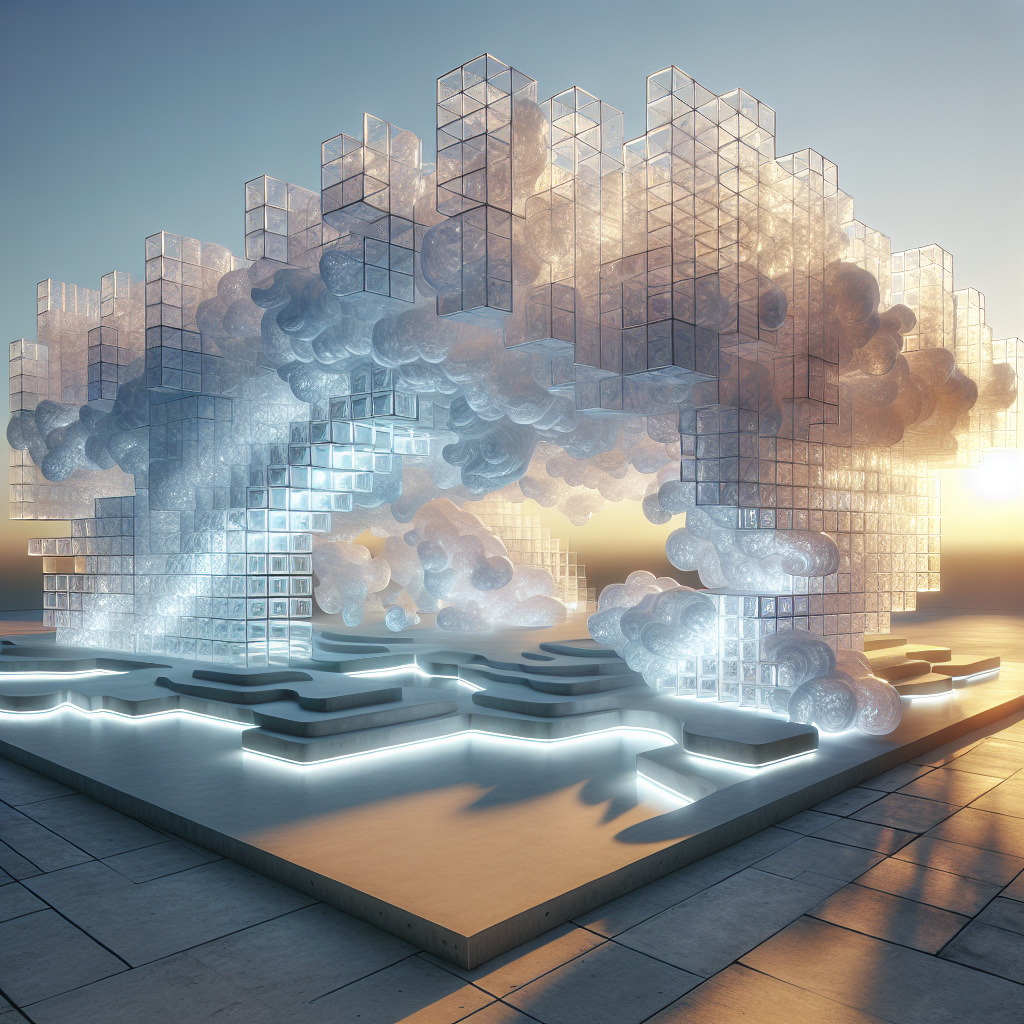 Hyperrealistic futuristic pavilion made of translucent foam blocks glowing with pearlescent light, symbolizing sustainable architectural innovation.