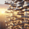Hyperrealistic futuristic building façade with rotating glass balconies at sunset, showcasing adaptive architecture and modern urban design.