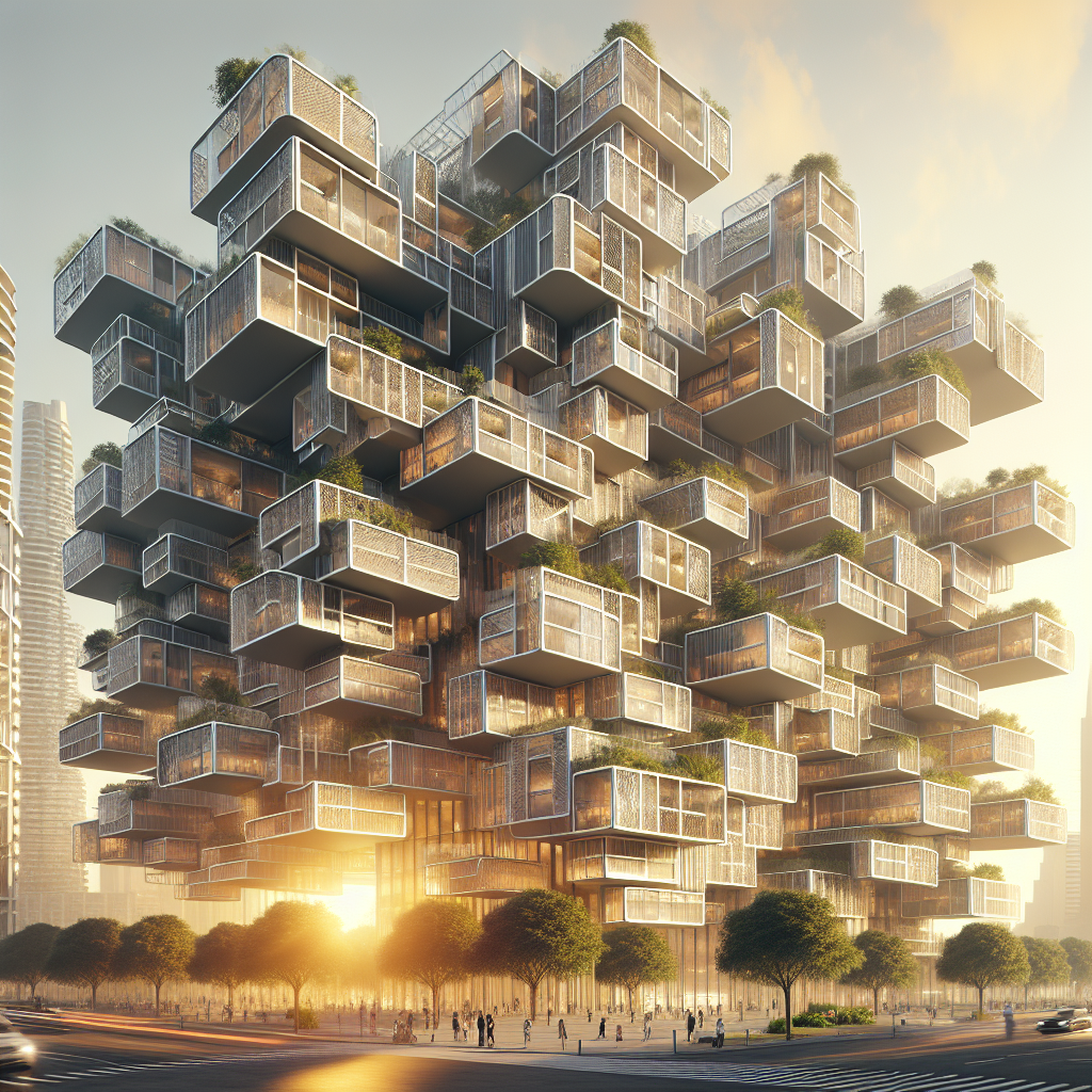 Hyperrealistic futuristic building façade with rotating glass balconies at sunset, showcasing adaptive architecture and modern urban design.