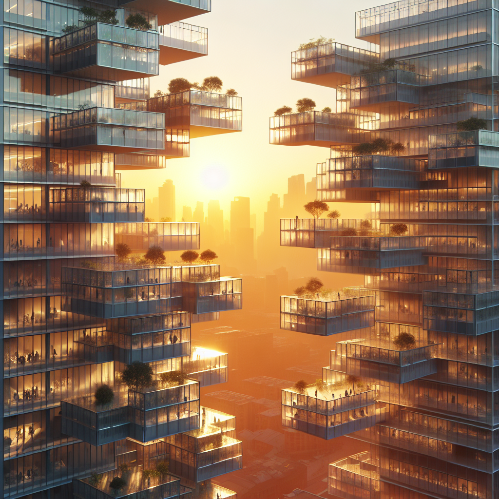 Hyperrealistic futuristic building façade with rotating glass balconies at sunset, showcasing adaptive architecture and modern urban design.