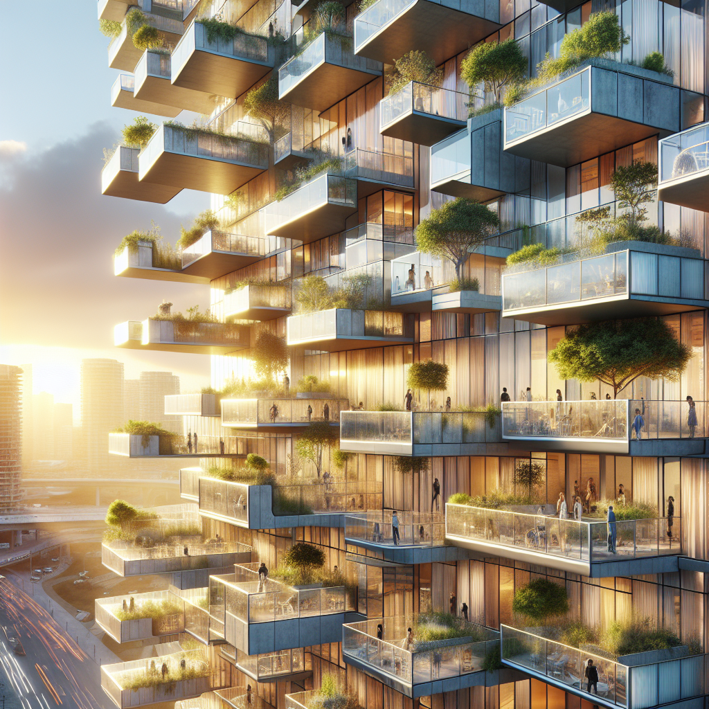 Hyperrealistic futuristic building façade with rotating glass balconies at sunset, showcasing adaptive architecture and modern urban design.