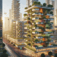 Hyperrealistic high-rise with orchard balconies, fruit trees, and vines in sustainable city architecture with sunlight and people gardening.