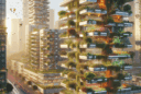 Hyperrealistic high-rise with orchard balconies, fruit trees, and vines in sustainable city architecture with sunlight and people gardening.
