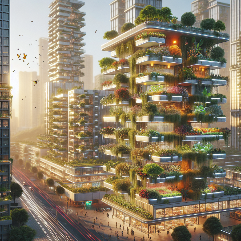 Hyperrealistic high-rise with orchard balconies, fruit trees, and vines in sustainable city architecture with sunlight and people gardening.