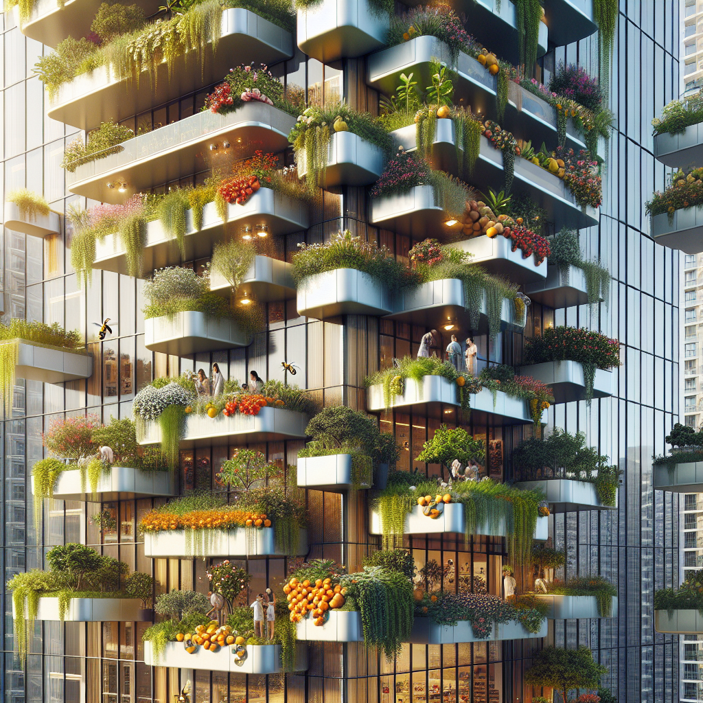 Hyperrealistic high-rise with orchard balconies, fruit trees, and vines in sustainable city architecture with sunlight and people gardening.