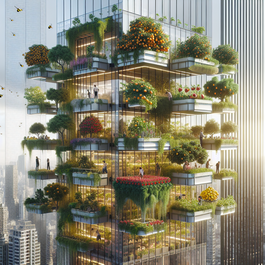 Hyperrealistic high-rise with orchard balconies, fruit trees, and vines in sustainable city architecture with sunlight and people gardening.