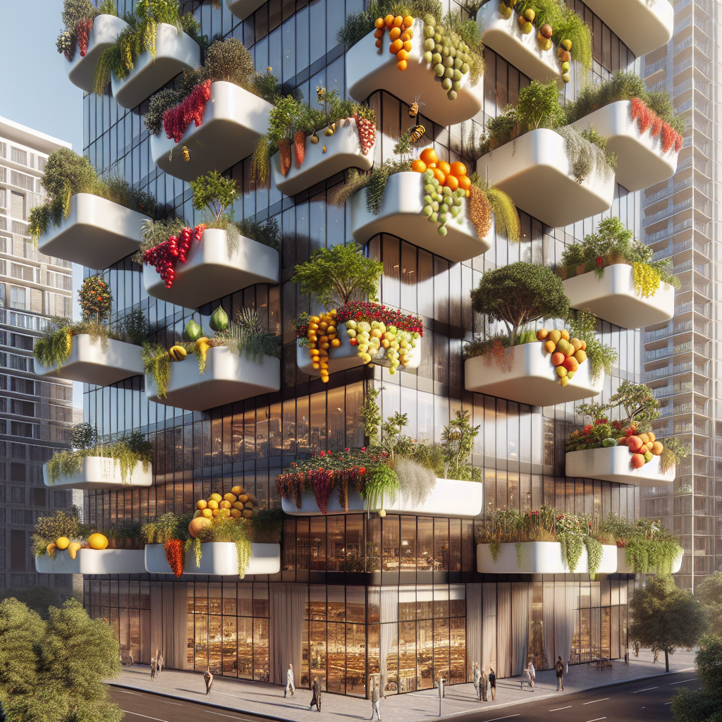 Hyperrealistic high-rise with orchard balconies, fruit trees, and vines in sustainable city architecture with sunlight and people gardening.