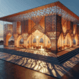 Hyperrealistic pavilion of terracotta tiles and translucent glass rods glowing at sunset, blending sustainable architecture and modern design.