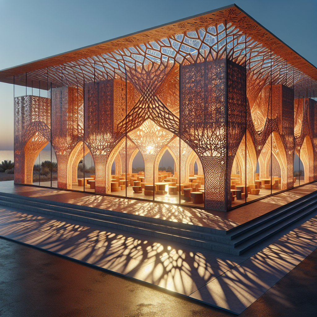 Hyperrealistic pavilion of terracotta tiles and translucent glass rods glowing at sunset, blending sustainable architecture and modern design.