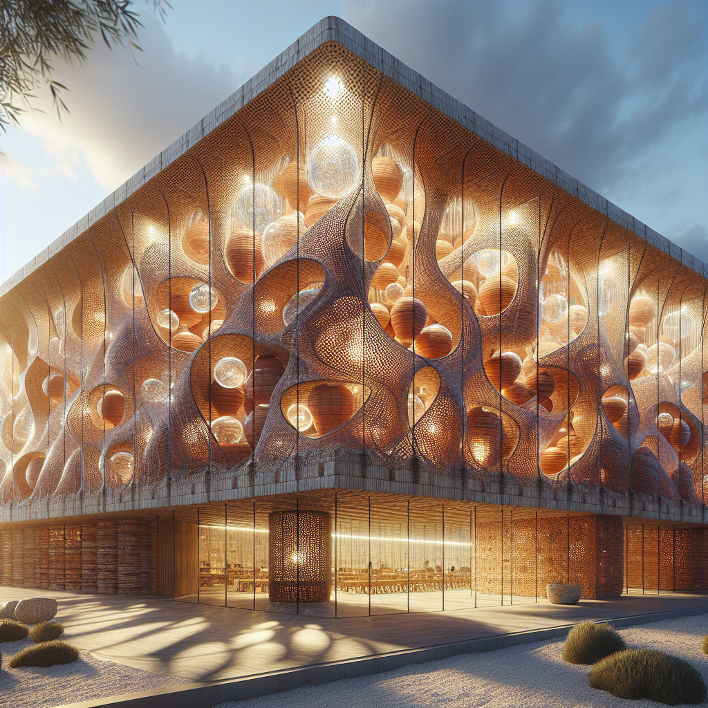 Hyperrealistic pavilion of terracotta tiles and translucent glass rods glowing at sunset, blending sustainable architecture and modern design.
