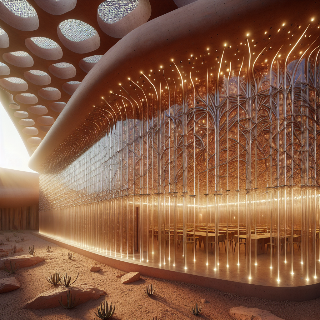 Hyperrealistic pavilion of terracotta tiles and translucent glass rods glowing at sunset, blending sustainable architecture and modern design.