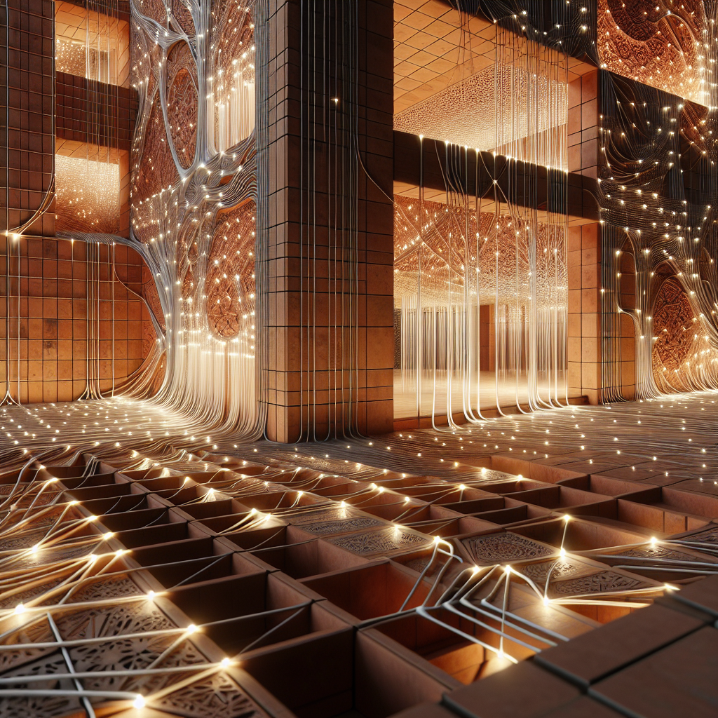 Hyperrealistic pavilion of terracotta tiles and translucent glass rods glowing at sunset, blending sustainable architecture and modern design.