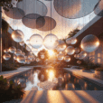Hyperrealistic futuristic garden courtyard at sunset with floating reflective orbs, biophilic design, tranquil tech-inspired architecture.