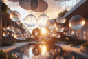 Hyperrealistic futuristic garden courtyard at sunset with floating reflective orbs, biophilic design, tranquil tech-inspired architecture.