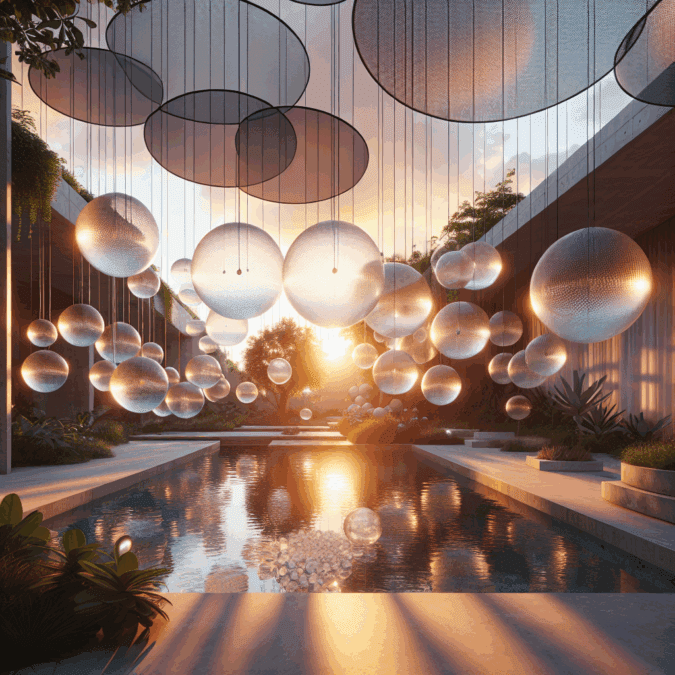 Hyperrealistic futuristic garden courtyard at sunset with floating reflective orbs, biophilic design, tranquil tech-inspired architecture.