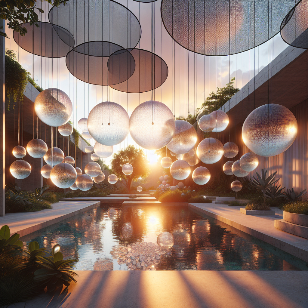 Hyperrealistic futuristic garden courtyard at sunset with floating reflective orbs, biophilic design, tranquil tech-inspired architecture.