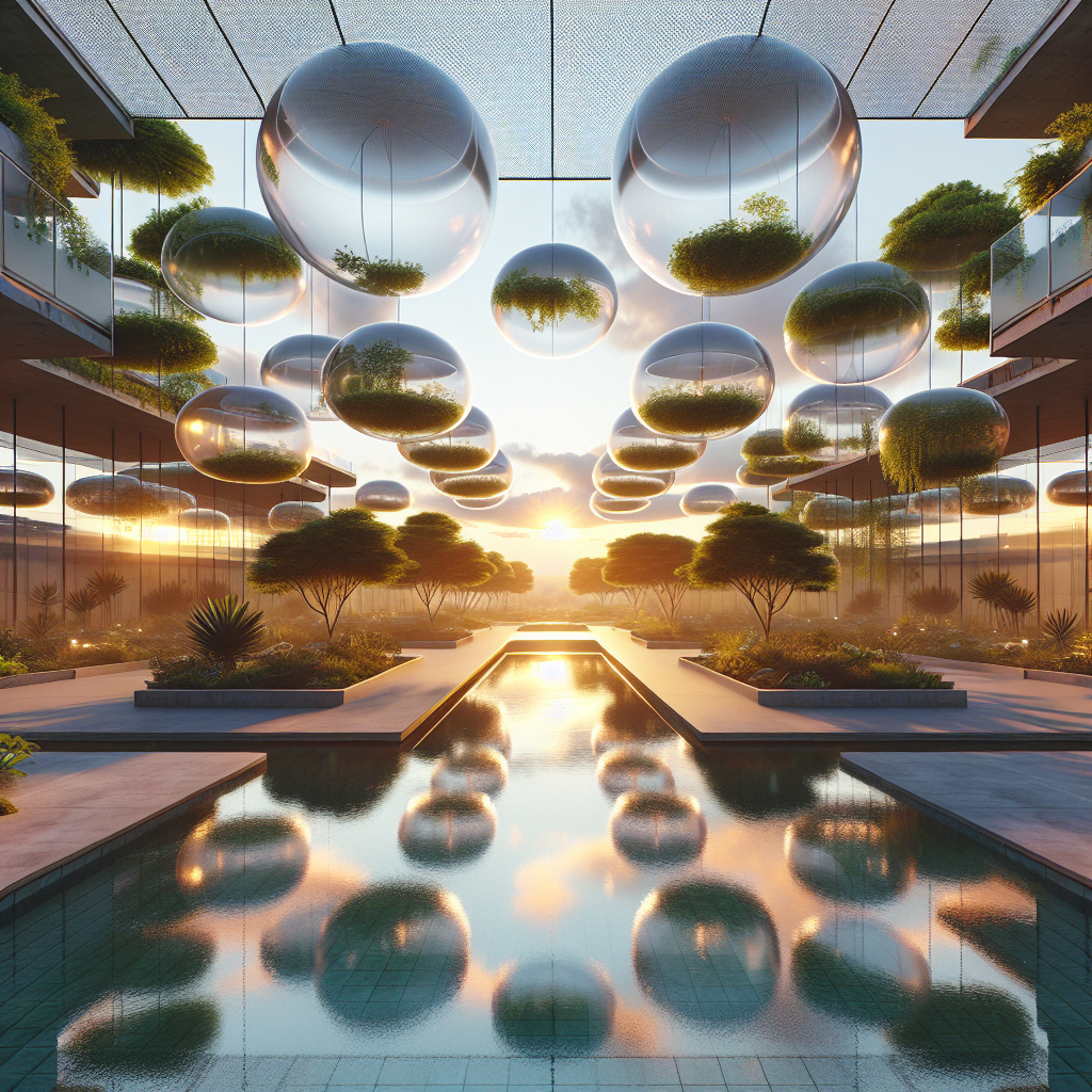 Hyperrealistic futuristic garden courtyard at sunset with floating reflective orbs, biophilic design, tranquil tech-inspired architecture.