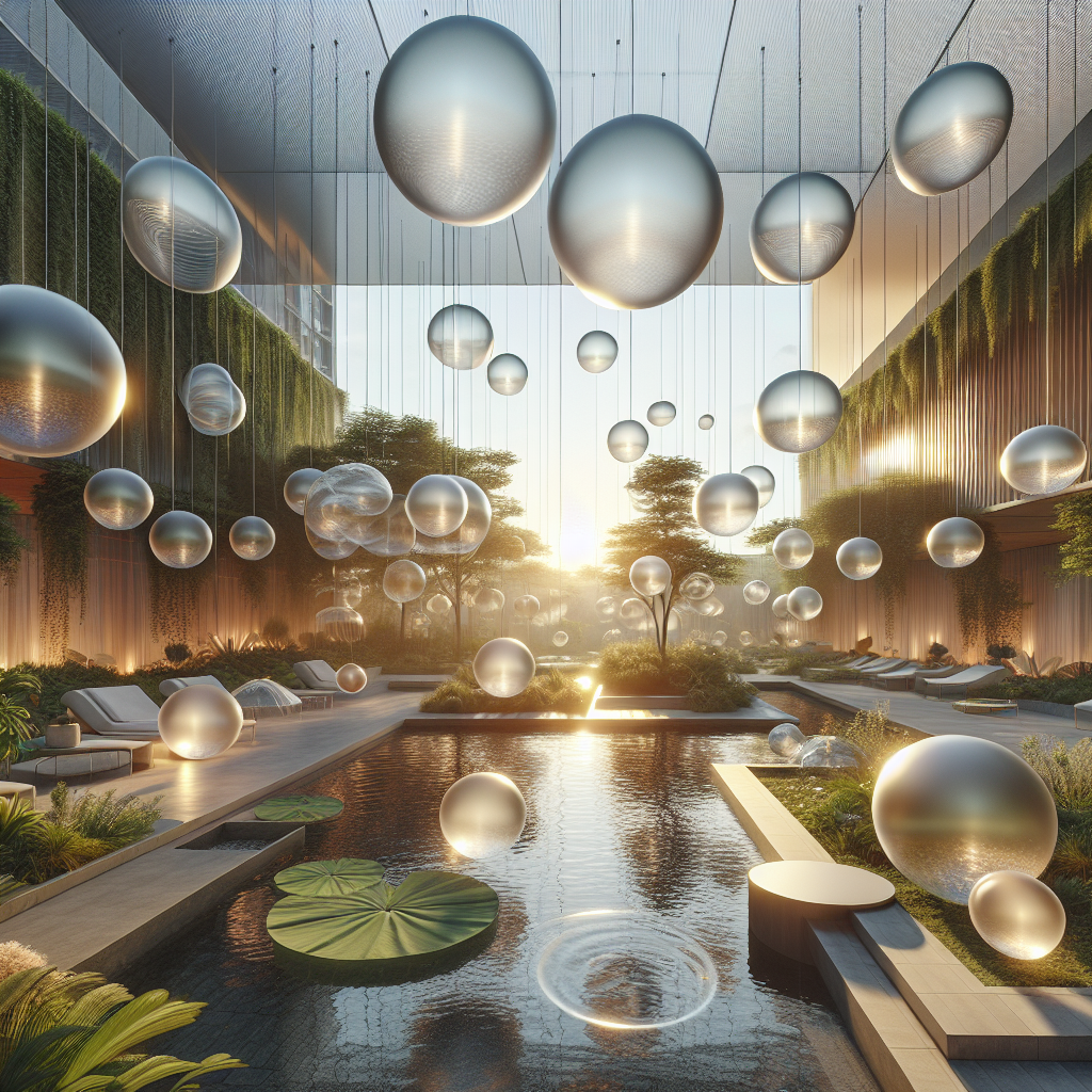 Hyperrealistic futuristic garden courtyard at sunset with floating reflective orbs, biophilic design, tranquil tech-inspired architecture.