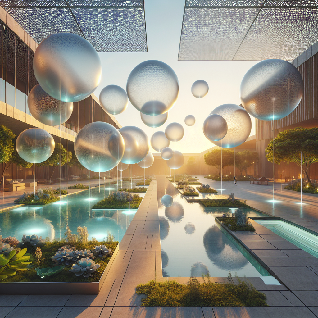 Hyperrealistic futuristic garden courtyard at sunset with floating reflective orbs, biophilic design, tranquil tech-inspired architecture.