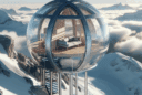 Ultra-realistic futuristic mountaintop hideaway pod with glass walls, Scandinavian design, above clouds and alpine cliffs at sunrise.