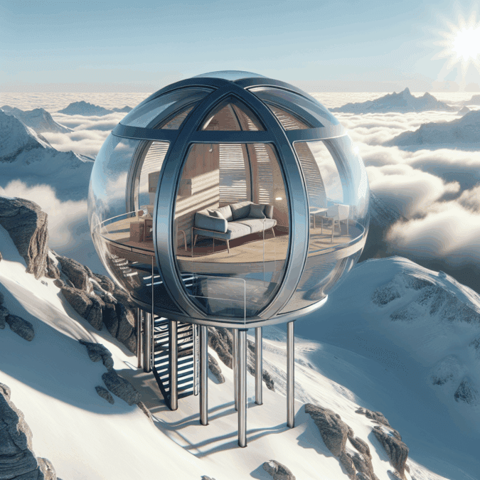 Ultra-realistic futuristic mountaintop hideaway pod with glass walls, Scandinavian design, above clouds and alpine cliffs at sunrise.