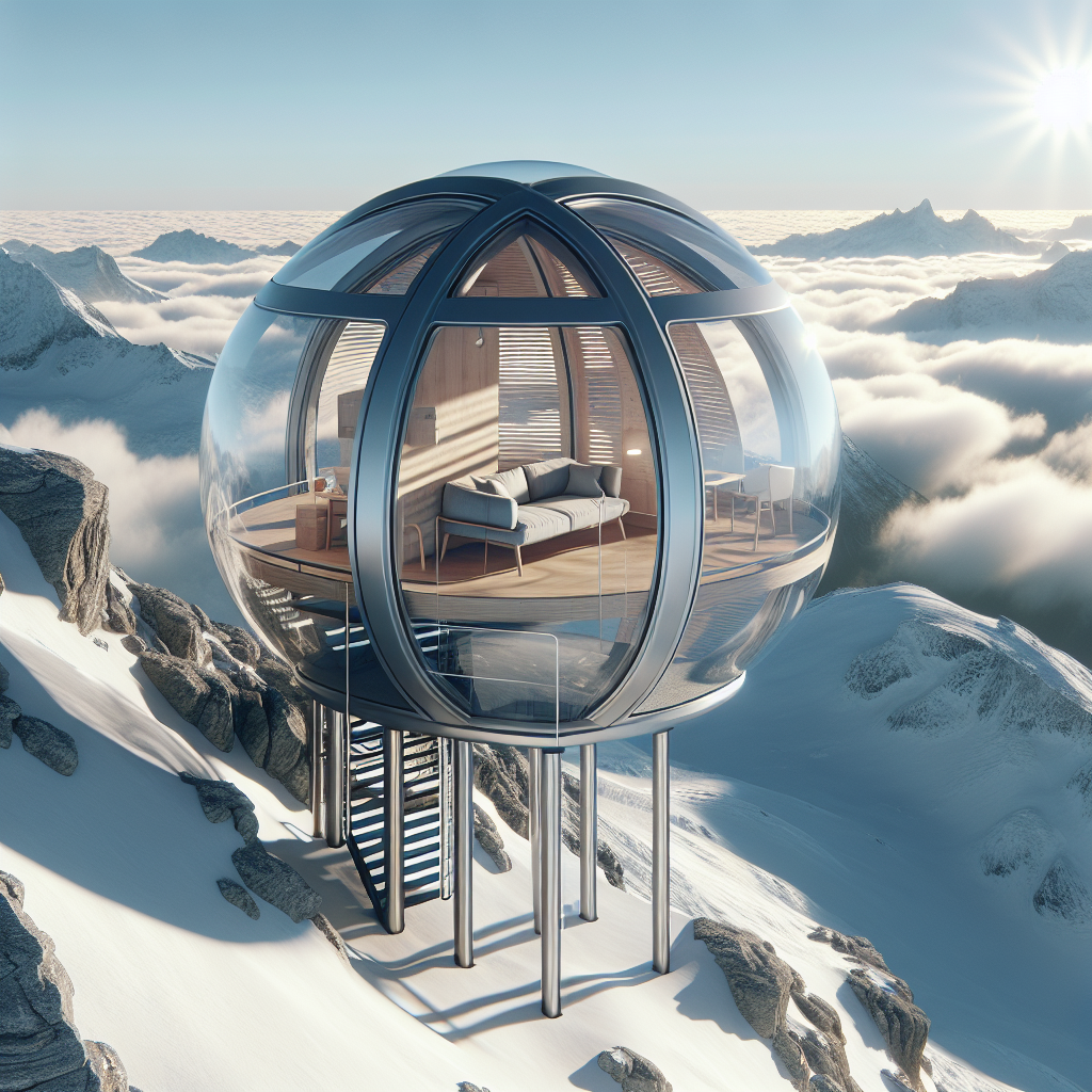 Ultra-realistic futuristic mountaintop hideaway pod with glass walls, Scandinavian design, above clouds and alpine cliffs at sunrise.