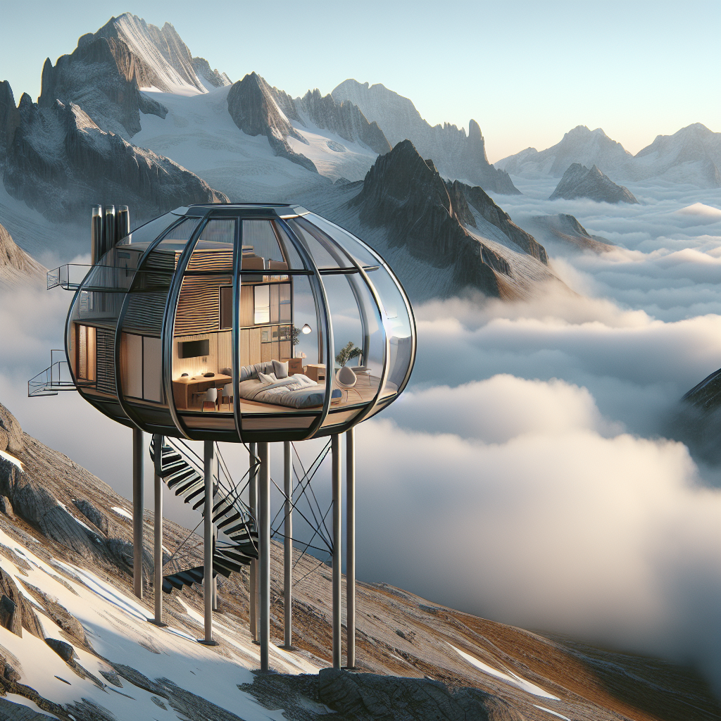 Ultra-realistic futuristic mountaintop hideaway pod with glass walls, Scandinavian design, above clouds and alpine cliffs at sunrise.