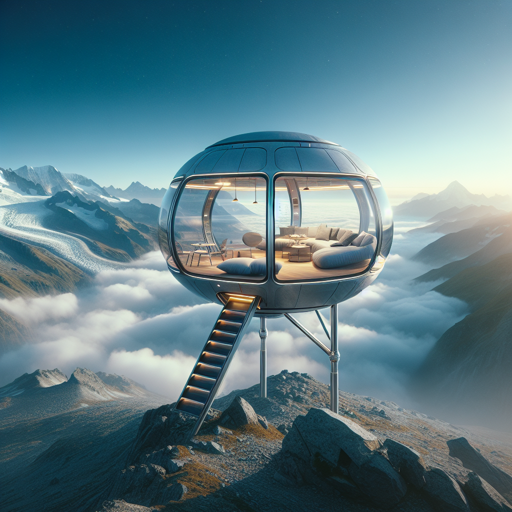 Ultra-realistic futuristic mountaintop hideaway pod with glass walls, Scandinavian design, above clouds and alpine cliffs at sunrise.