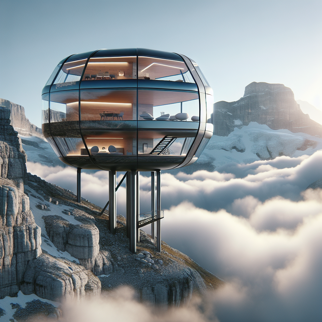 Ultra-realistic futuristic mountaintop hideaway pod with glass walls, Scandinavian design, above clouds and alpine cliffs at sunrise.