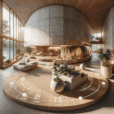 Hyperrealistic holistic home hub interior blending Scandinavian and Japanese minimalism with natural materials, smart tech, and biophilic design.