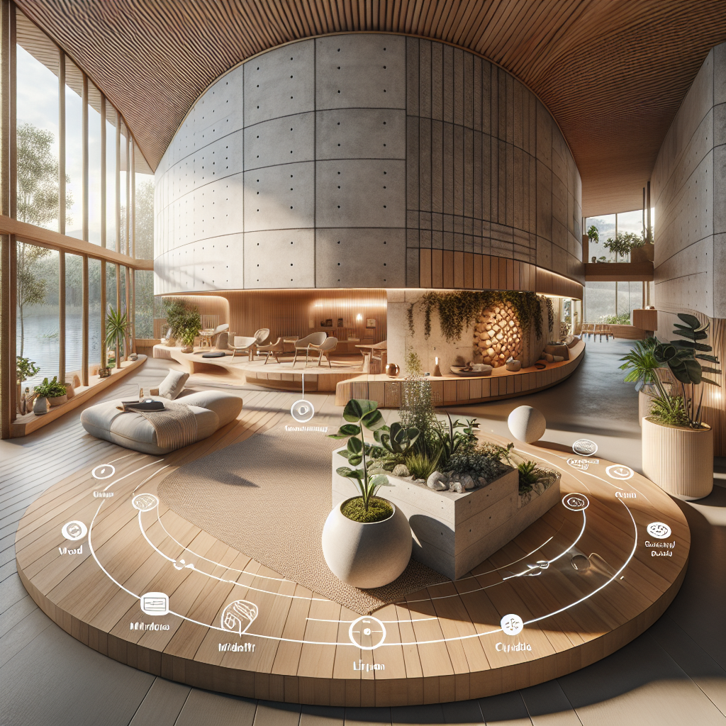 Hyperrealistic holistic home hub interior blending Scandinavian and Japanese minimalism with natural materials, smart tech, and biophilic design.