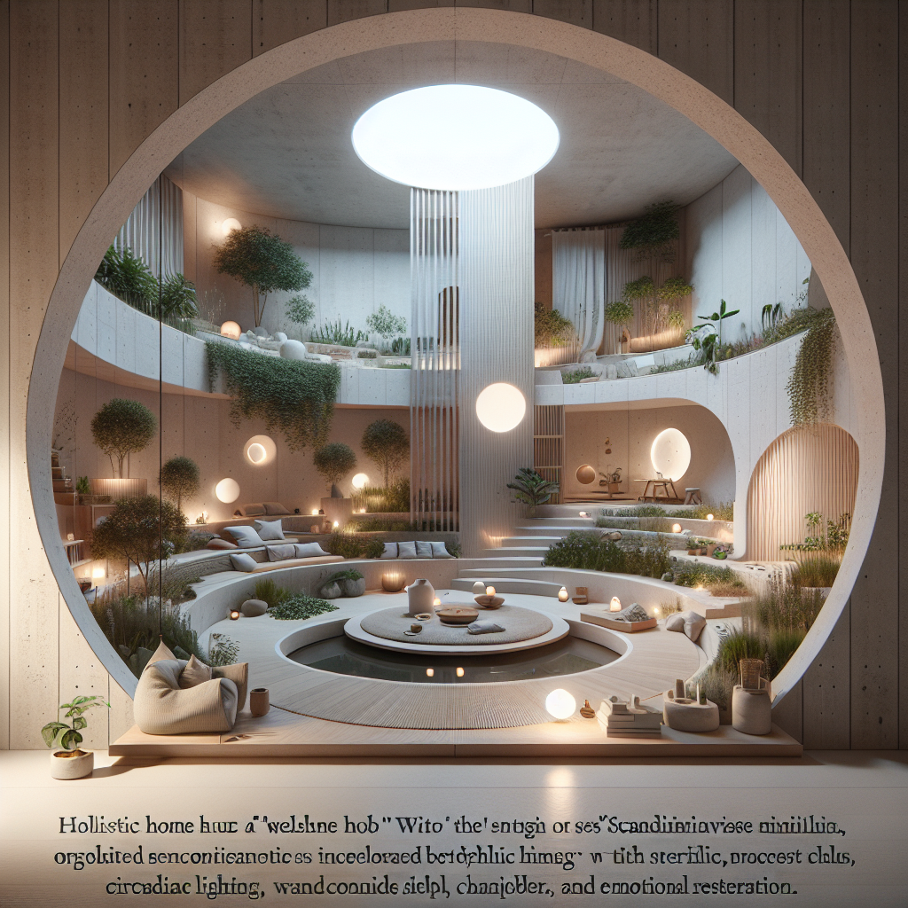 Hyperrealistic holistic home hub interior blending Scandinavian and Japanese minimalism with natural materials, smart tech, and biophilic design.