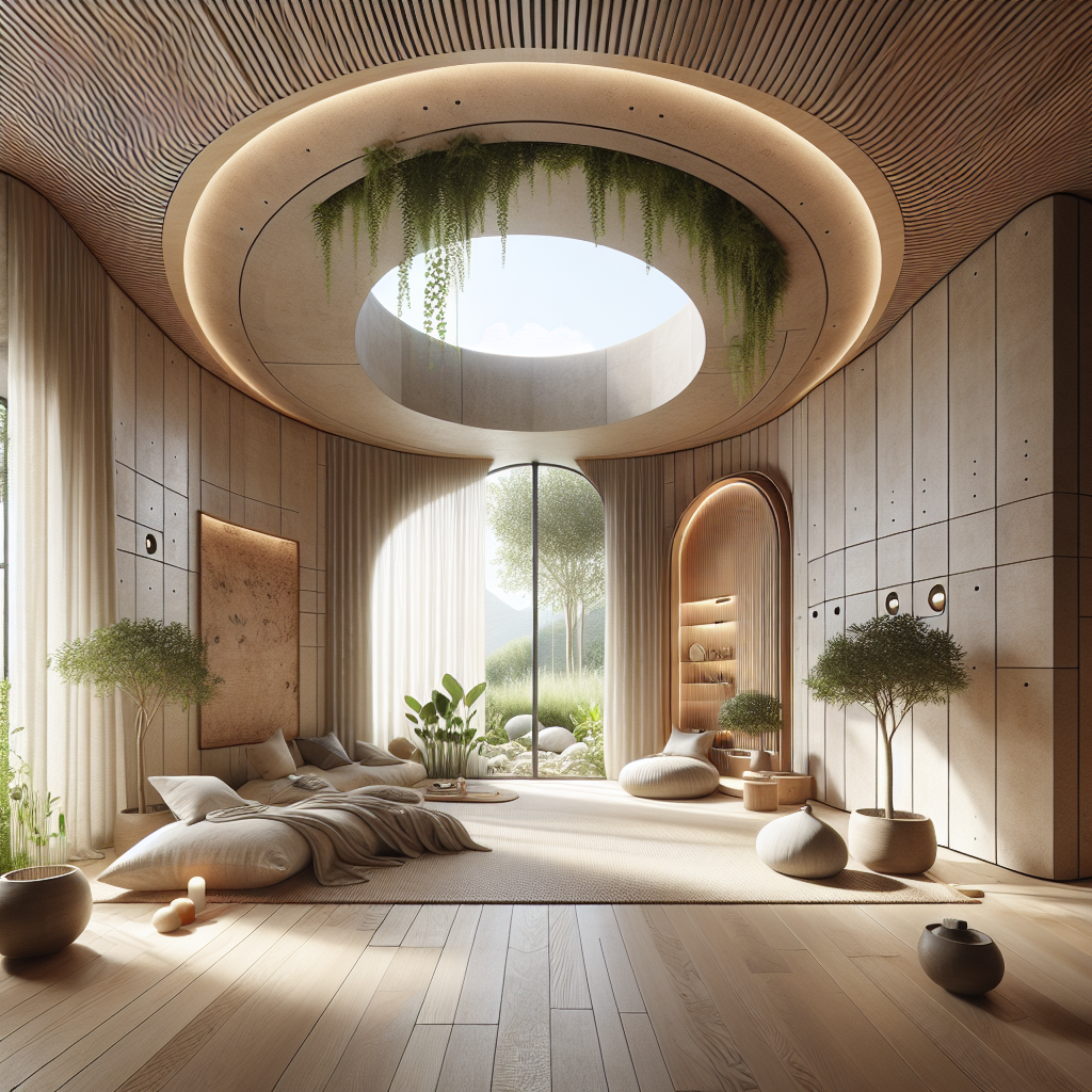 Hyperrealistic holistic home hub interior blending Scandinavian and Japanese minimalism with natural materials, smart tech, and biophilic design.