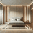 Hyperrealistic luxury minimalist bedroom with a floating bed, pale oak floor, soft LED underglow, and serene modern interior design.
