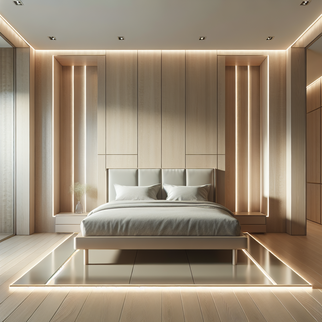Hyperrealistic luxury minimalist bedroom with a floating bed, pale oak floor, soft LED underglow, and serene modern interior design.