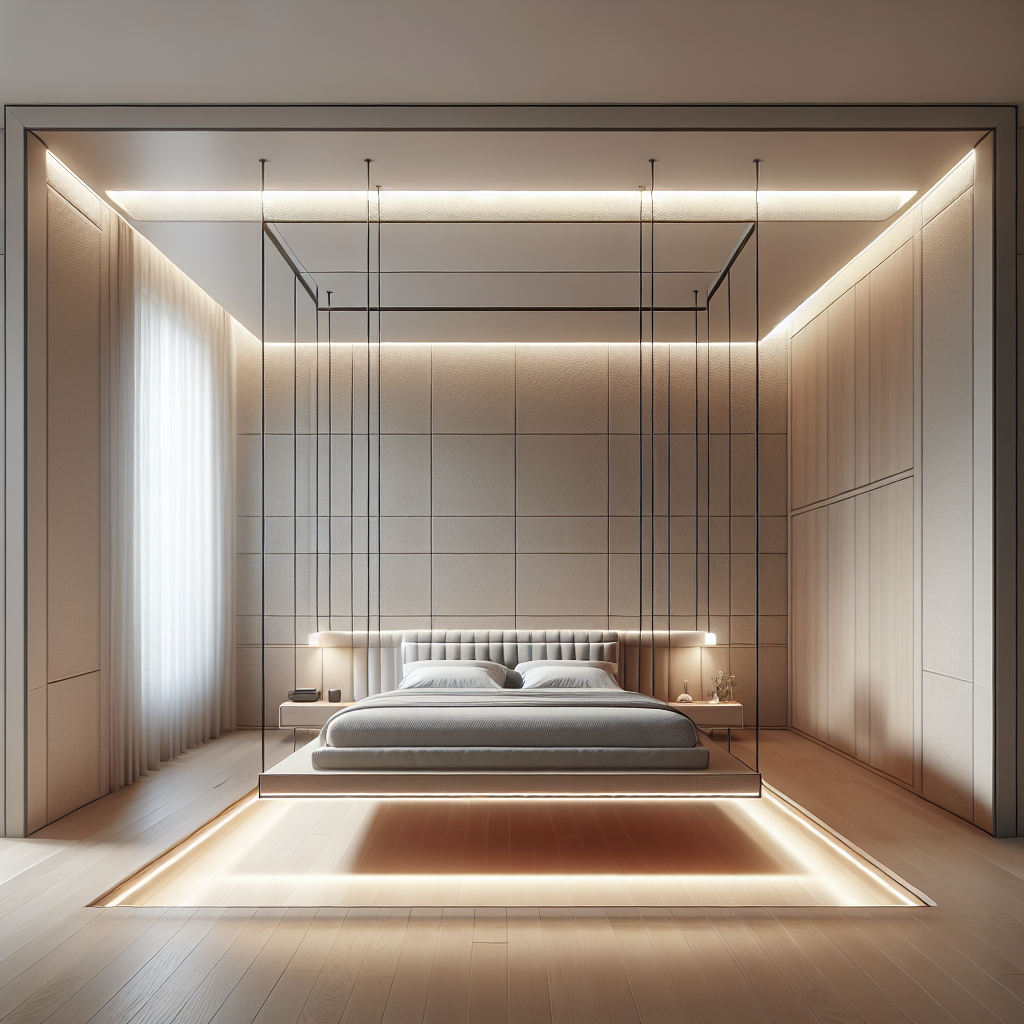 Hyperrealistic luxury minimalist bedroom with a floating bed, pale oak floor, soft LED underglow, and serene modern interior design.