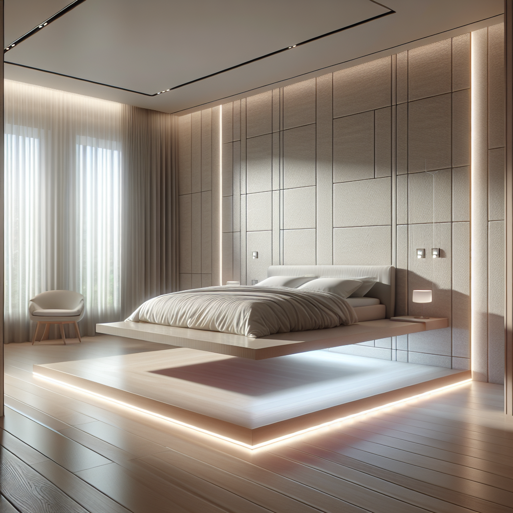 Hyperrealistic luxury minimalist bedroom with a floating bed, pale oak floor, soft LED underglow, and serene modern interior design.