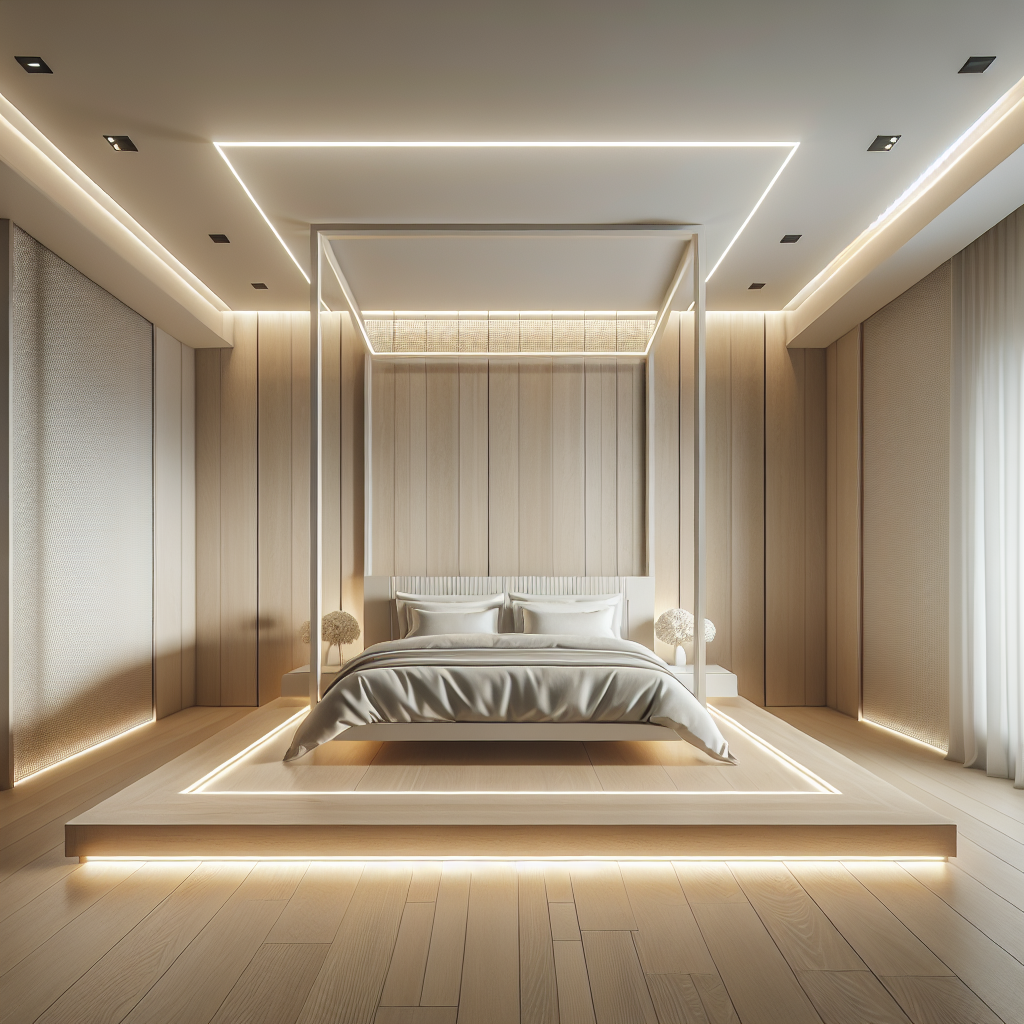 Hyperrealistic luxury minimalist bedroom with a floating bed, pale oak floor, soft LED underglow, and serene modern interior design.