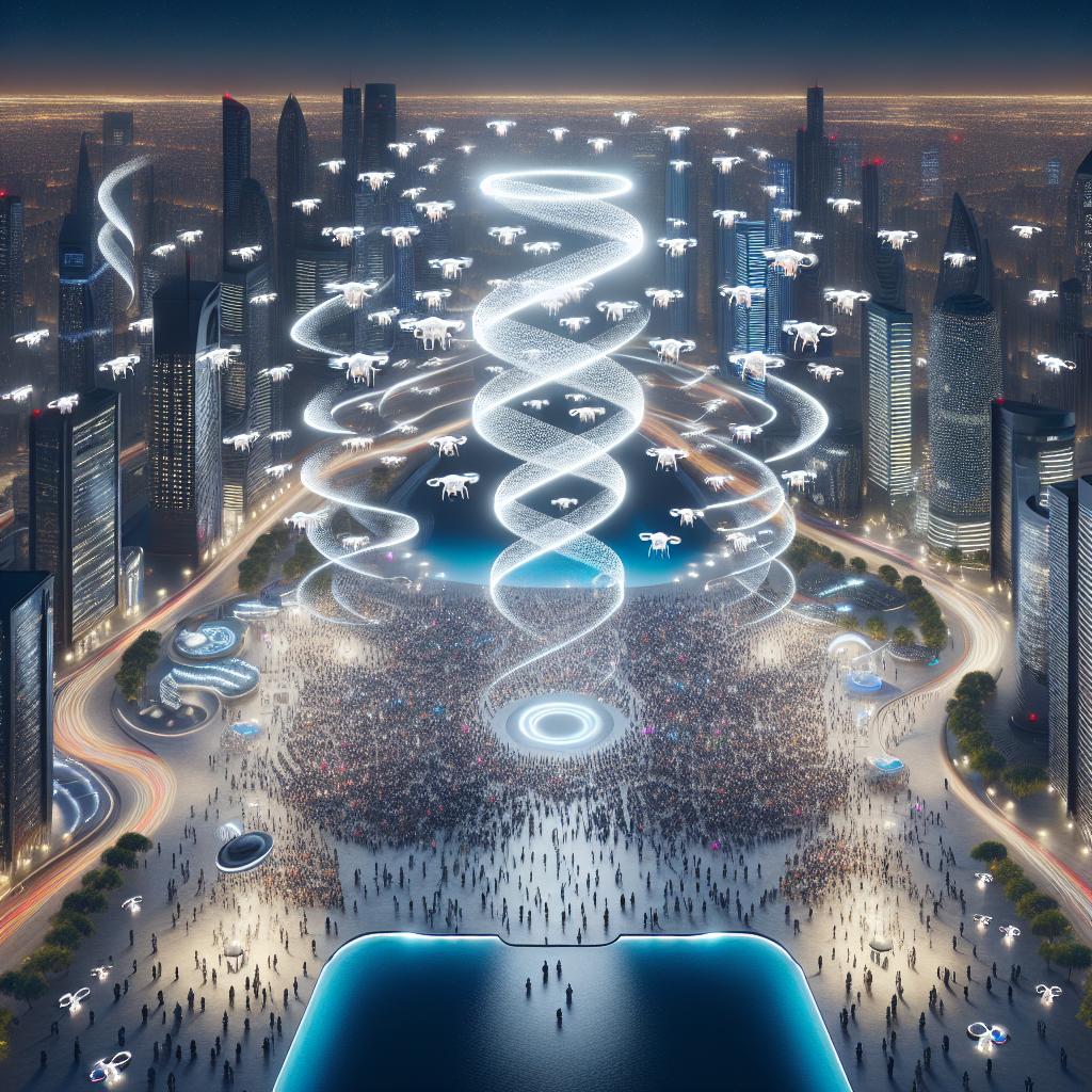 Hyperrealistic urban night skyline with synchronized drone light sculpture forming luminous spirals and domes above reflective city plaza.