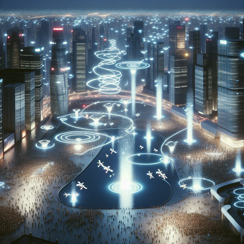 Hyperrealistic urban night skyline with synchronized drone light sculpture forming luminous spirals and domes above reflective city plaza.