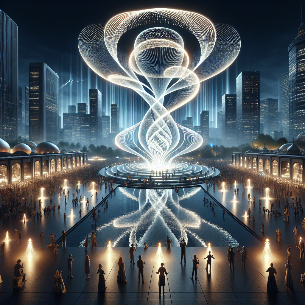 Hyperrealistic urban night skyline with synchronized drone light sculpture forming luminous spirals and domes above reflective city plaza.