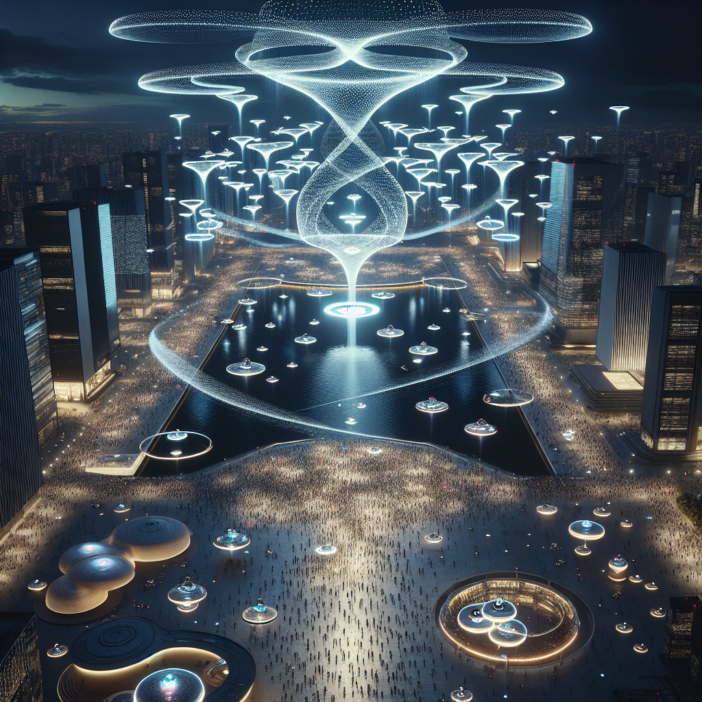 Hyperrealistic urban night skyline with synchronized drone light sculpture forming luminous spirals and domes above reflective city plaza.