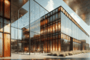 Hyperrealistic industrial-chic building with glass and rusted Corten steel, showcasing modern architecture and harmonious material contrast.
