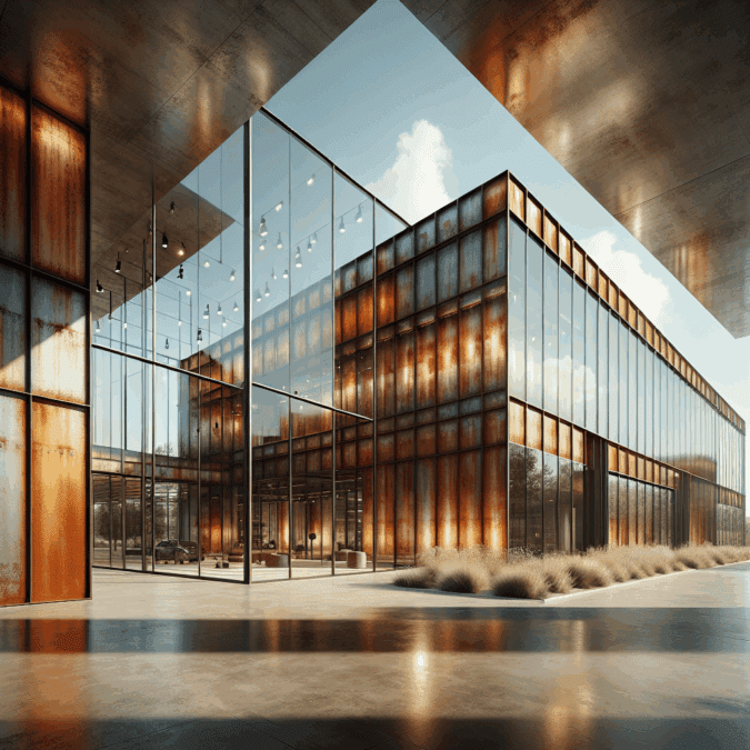 Hyperrealistic industrial-chic building with glass and rusted Corten steel, showcasing modern architecture and harmonious material contrast.