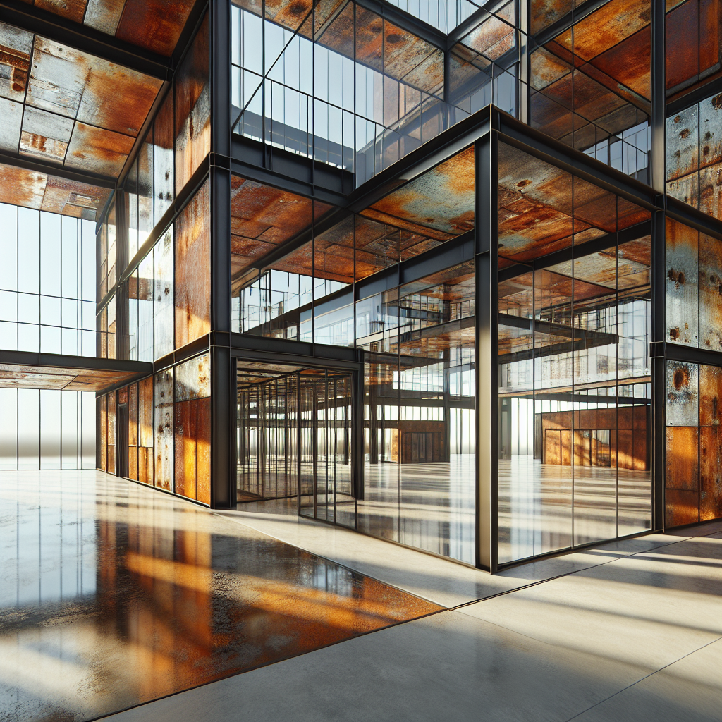 Hyperrealistic industrial-chic building with glass and rusted Corten steel, showcasing modern architecture and harmonious material contrast.